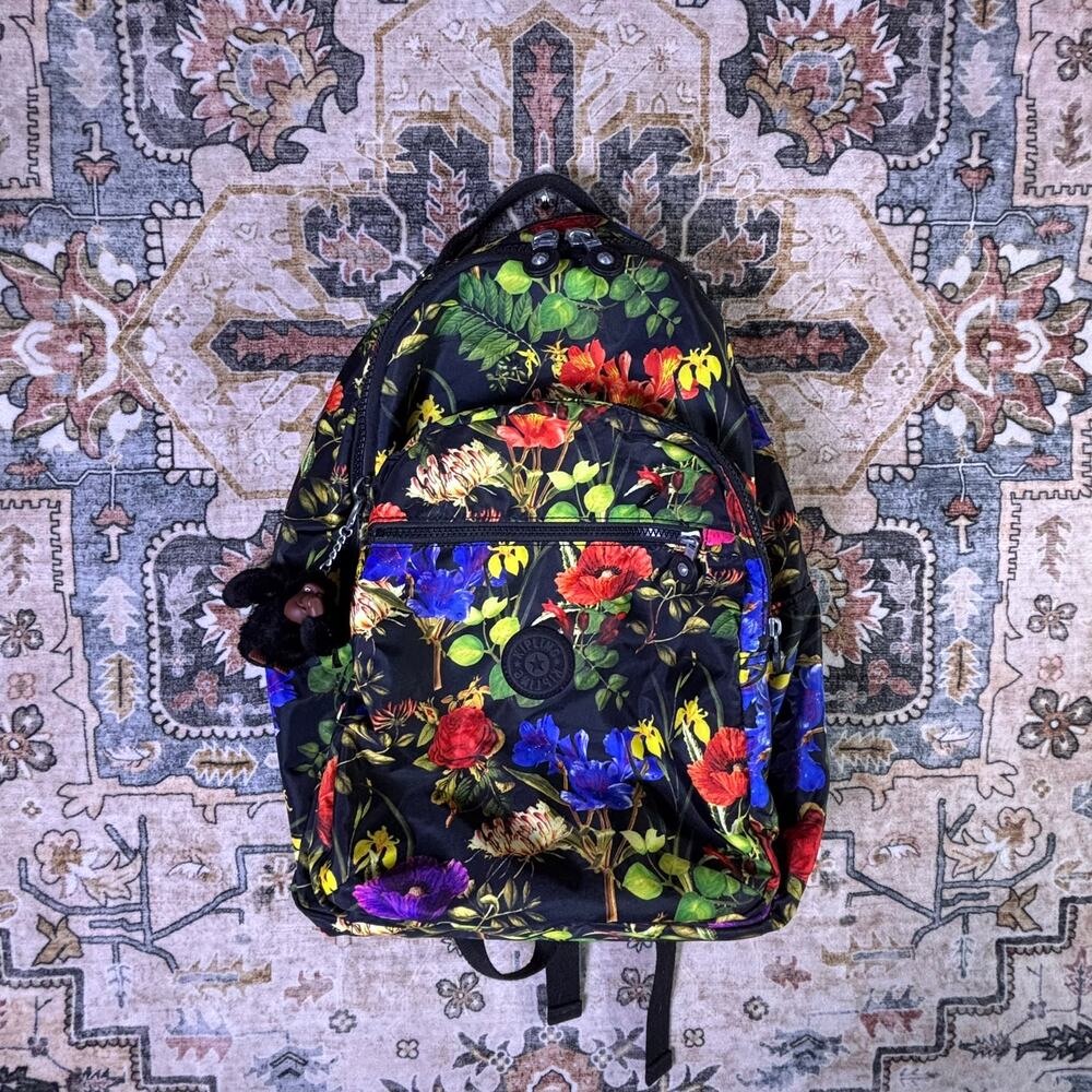 Kipling floral backpack large black tropical school college travel bag carry on